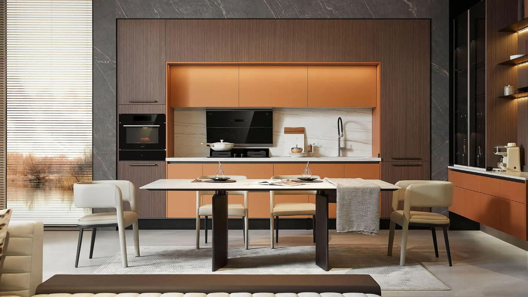 Cuisine beige, niche de bois éclairée.