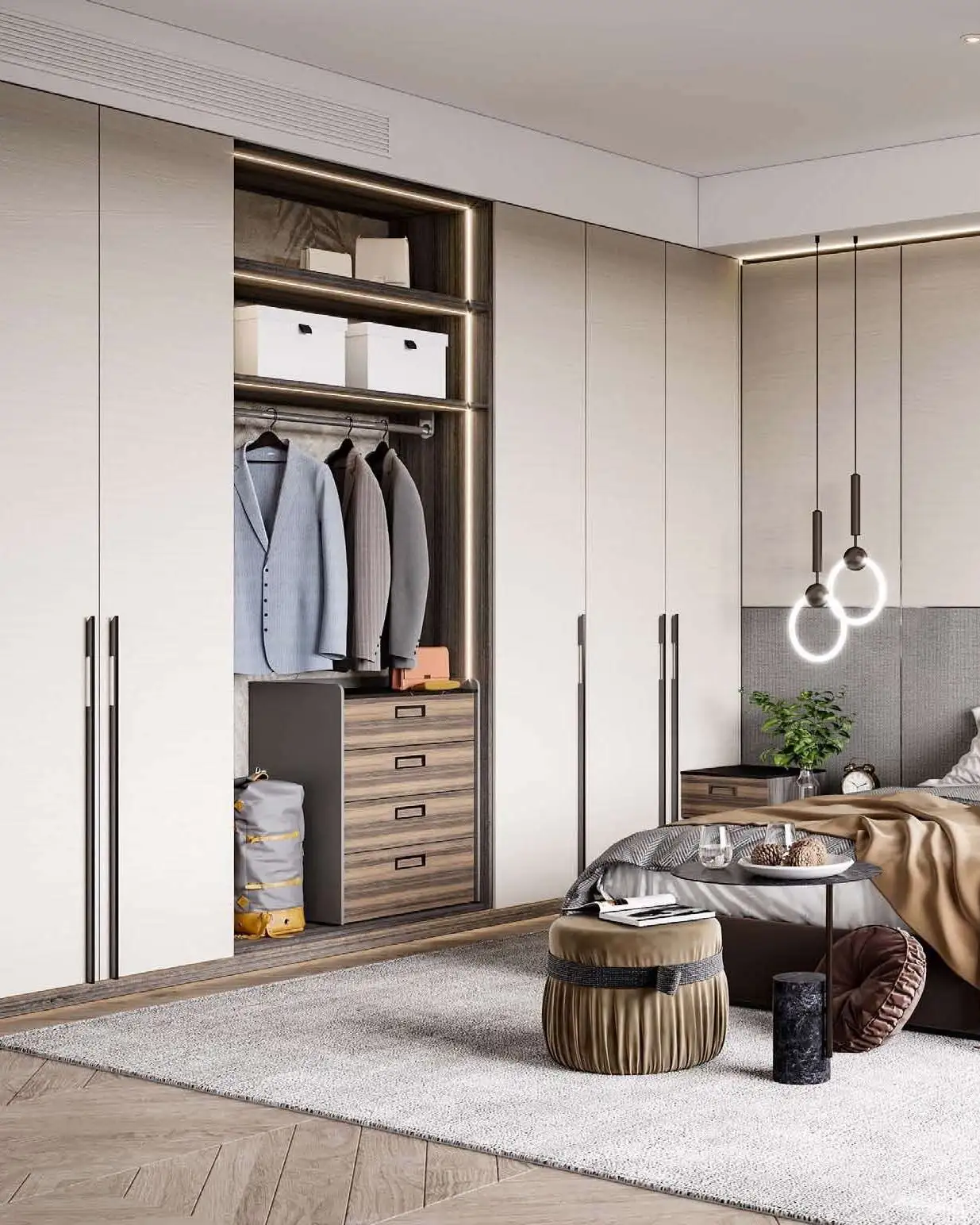 Chambre, armoires blanches et dressing ouvert.