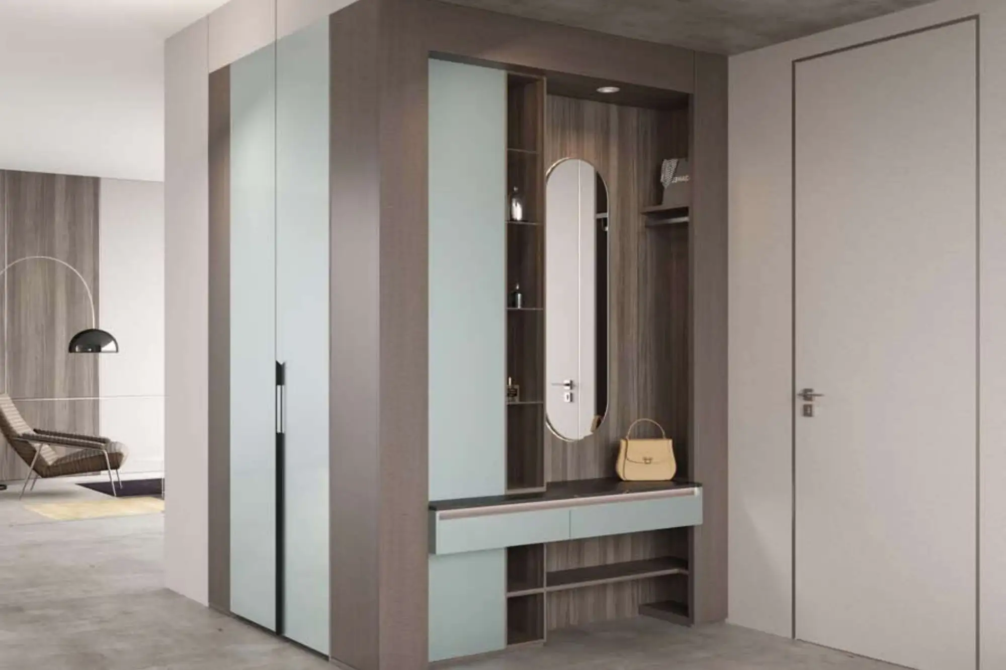 Entrée, dressing vert d'eau et bois.