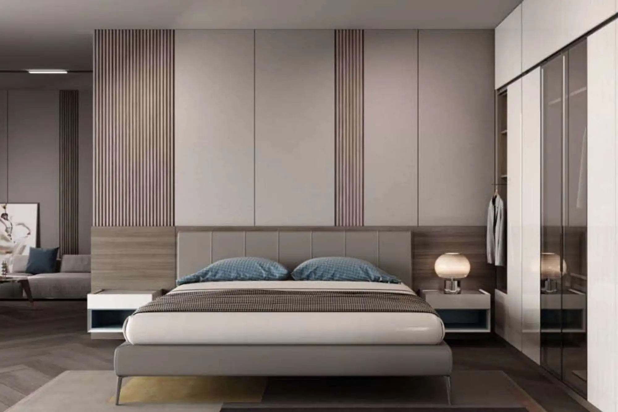 Chambre, armoires taupe et panneaux.