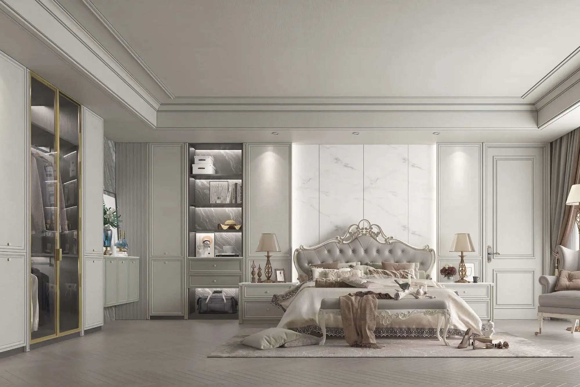 Chambre blanche, proportions néoclassiques.