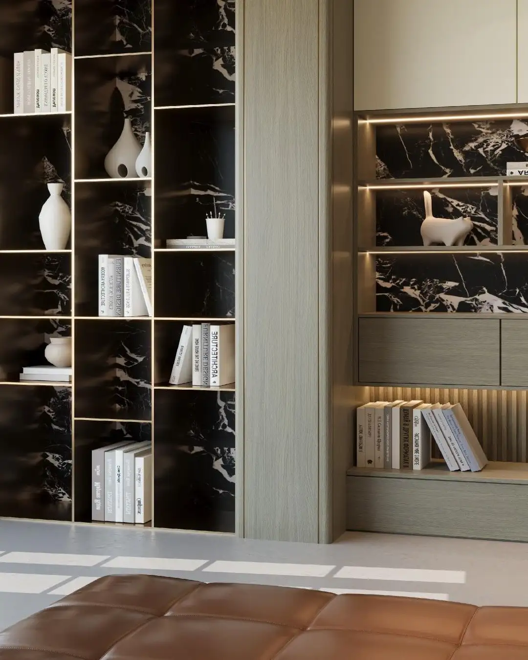 Bibliothèque, marbre noir et bois clair.