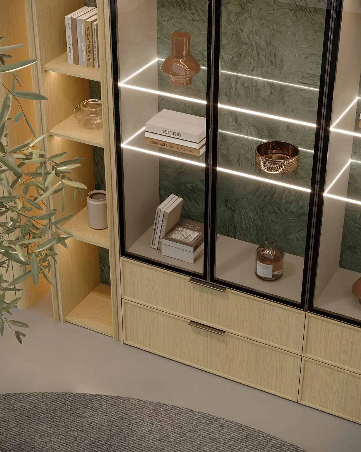 Vitrine de verre, bois clair, marbre vert.
