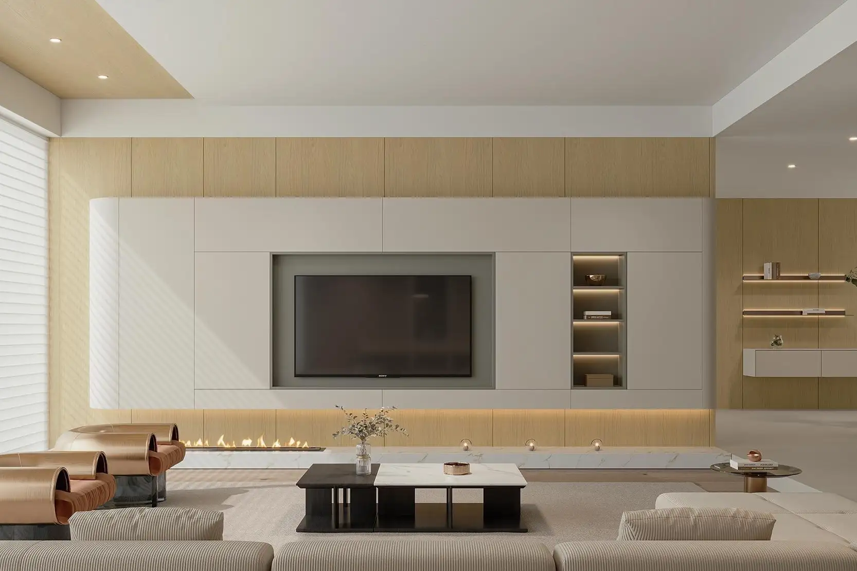 Mur télévision en bois clair, niches éclairées.