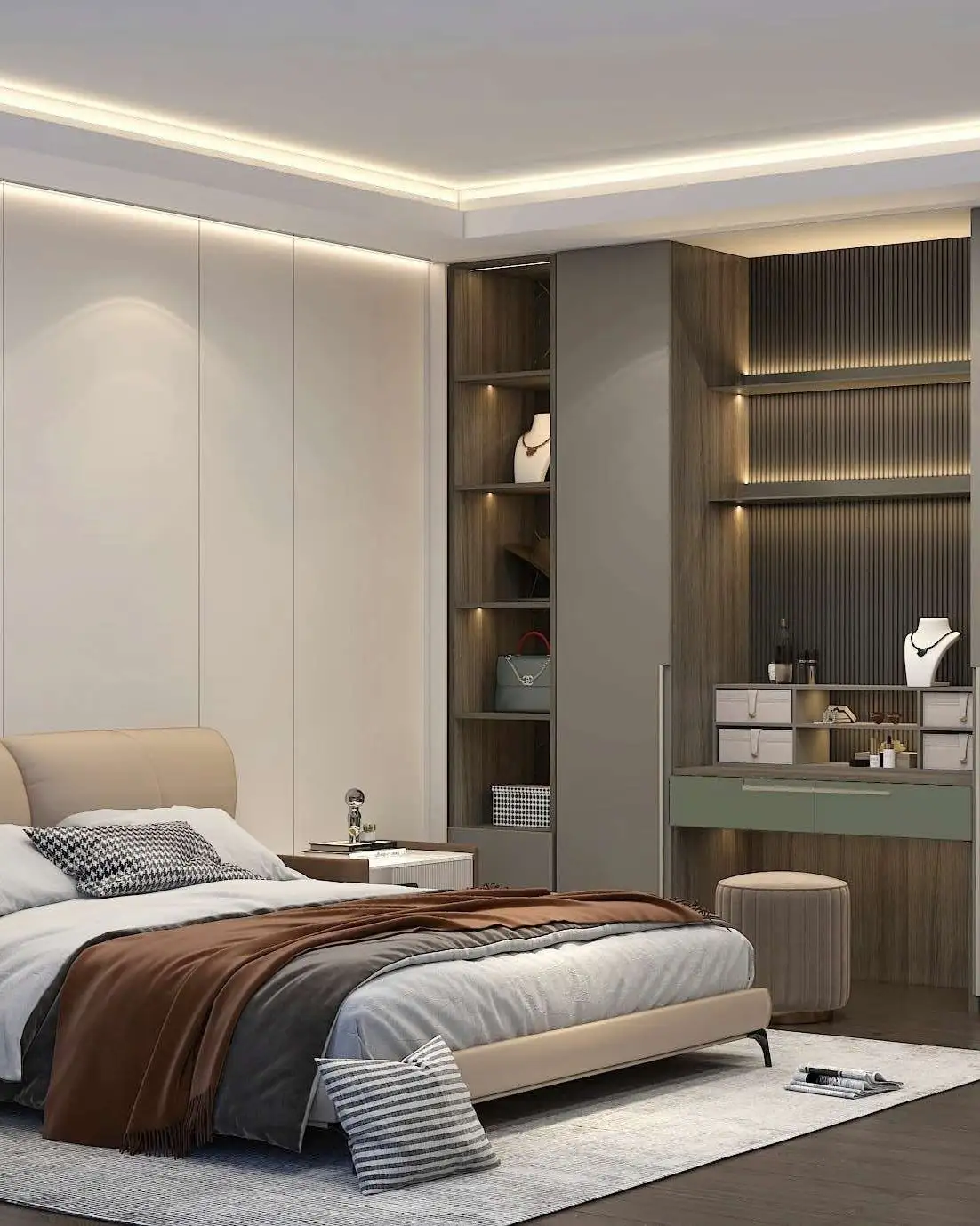 Chambre, dressing ouvert et coiffeuse.
