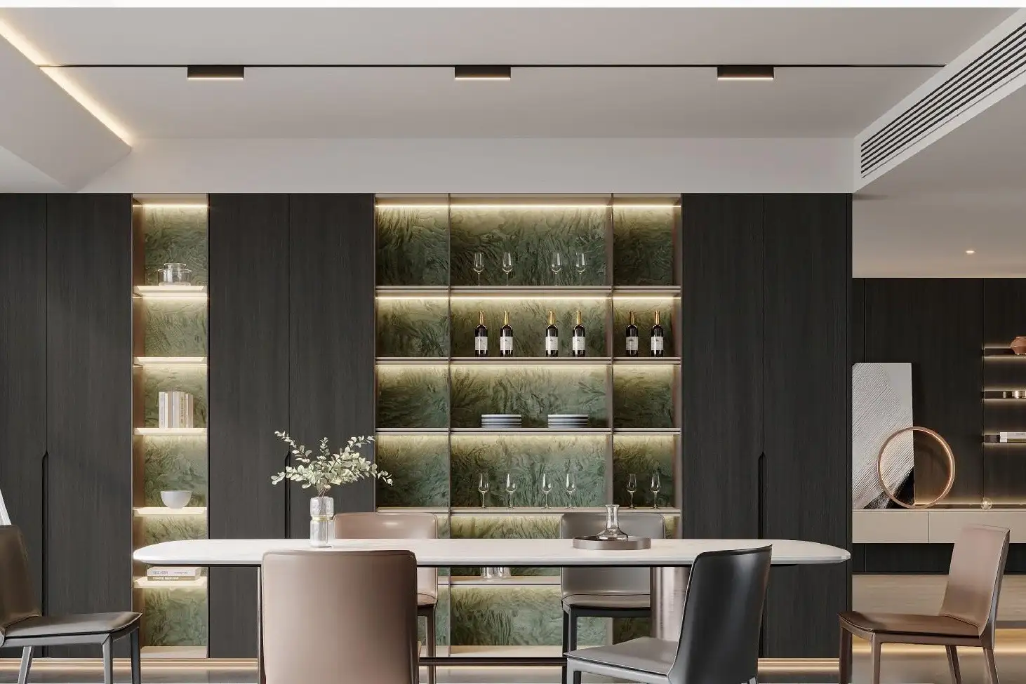 Salle à manger, mur graphite et vitrines.