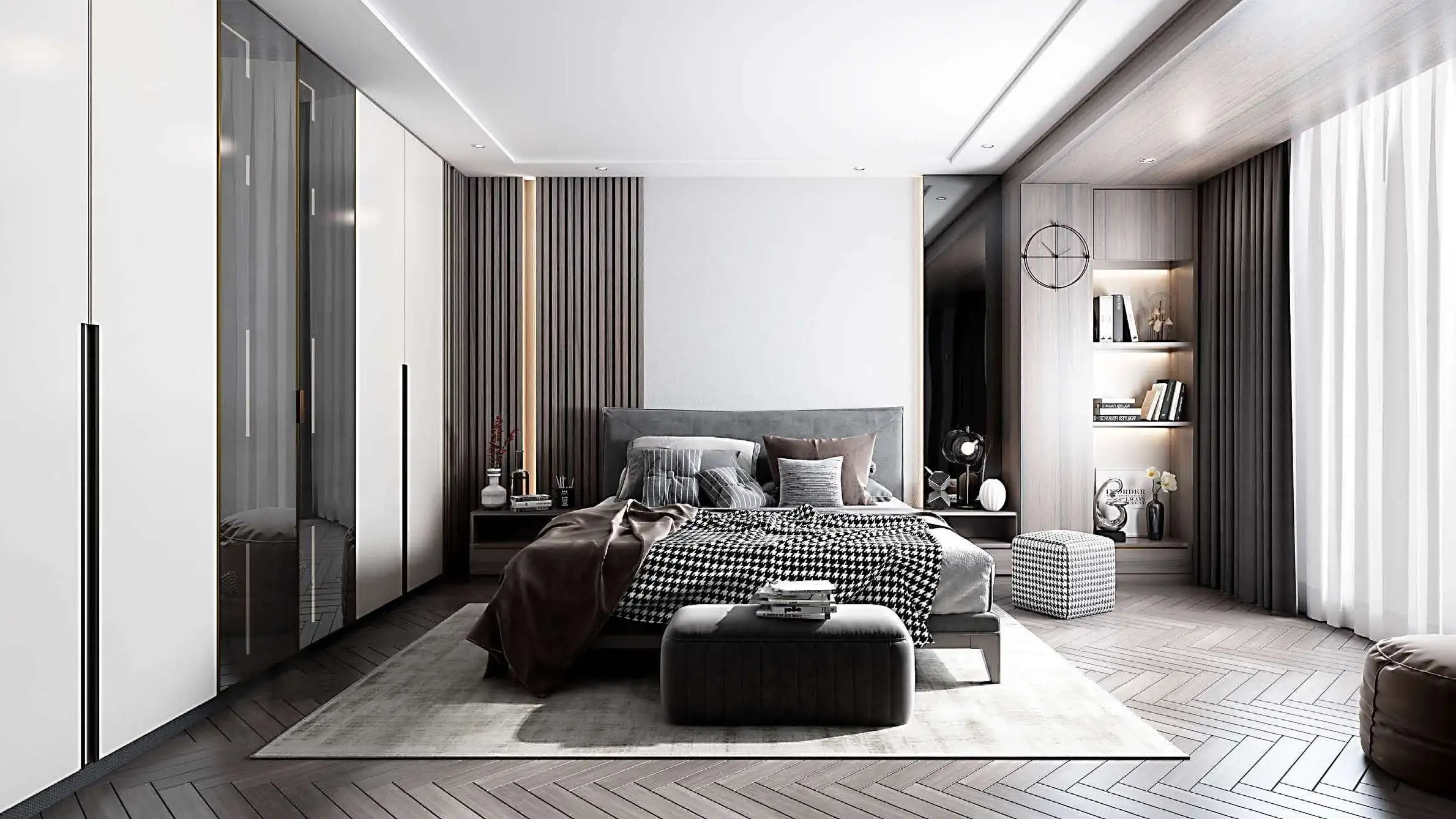 Chambre, armoires blanches et verre fumé.