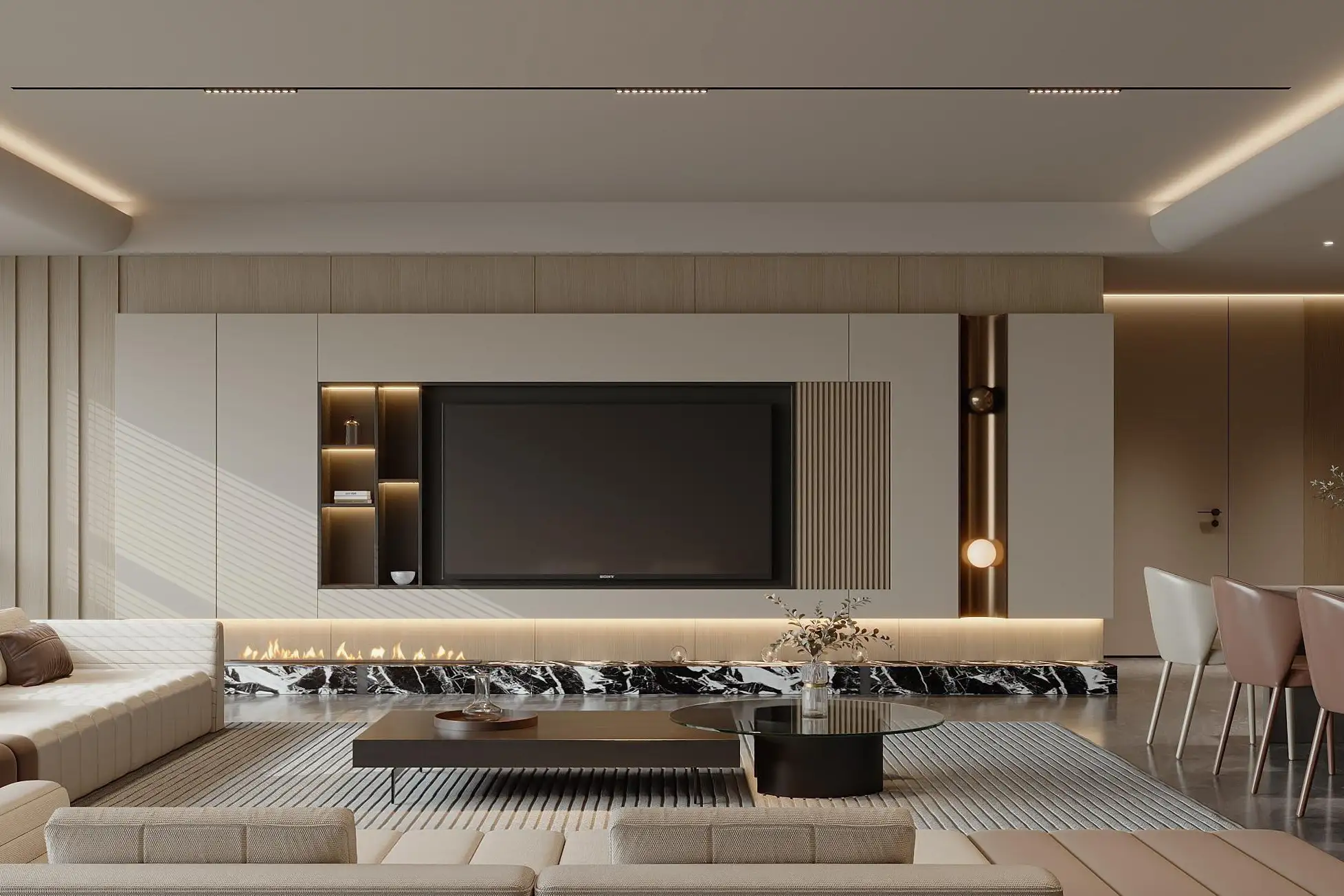 Mur télévision crème et bois clair, salon.