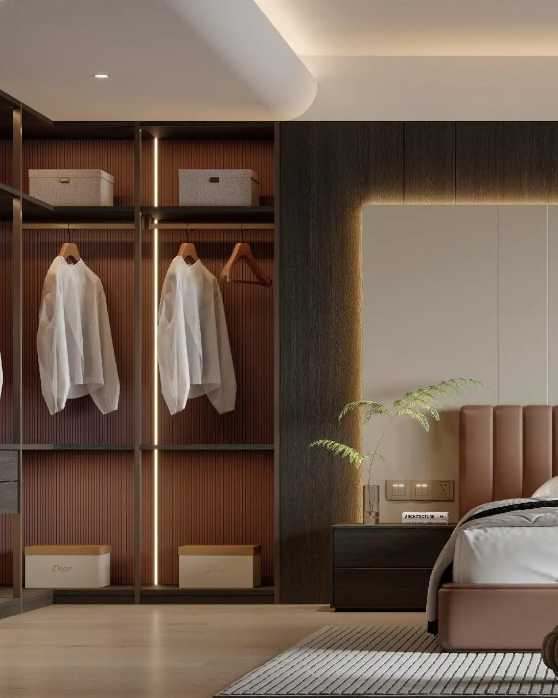 Chambre, dressing ouvert en noyer, filet laiton.