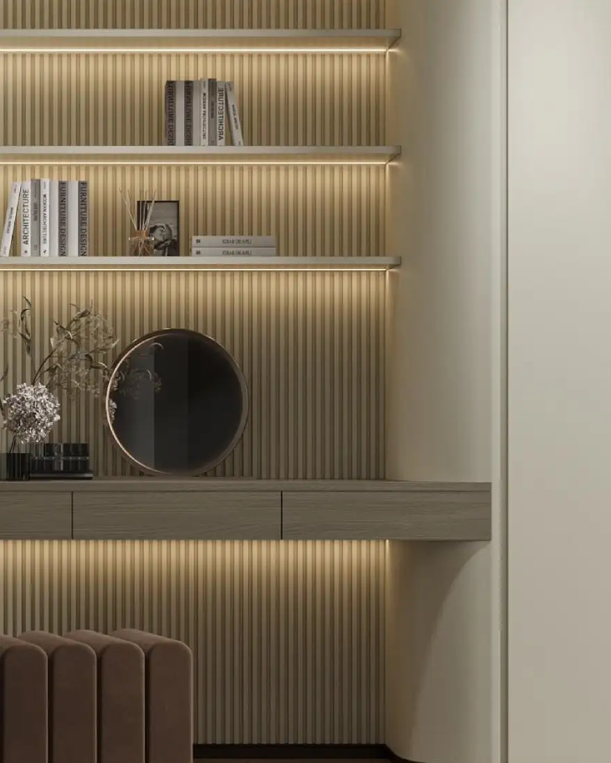 Niche coiffeuse, étagères rétroéclairées.