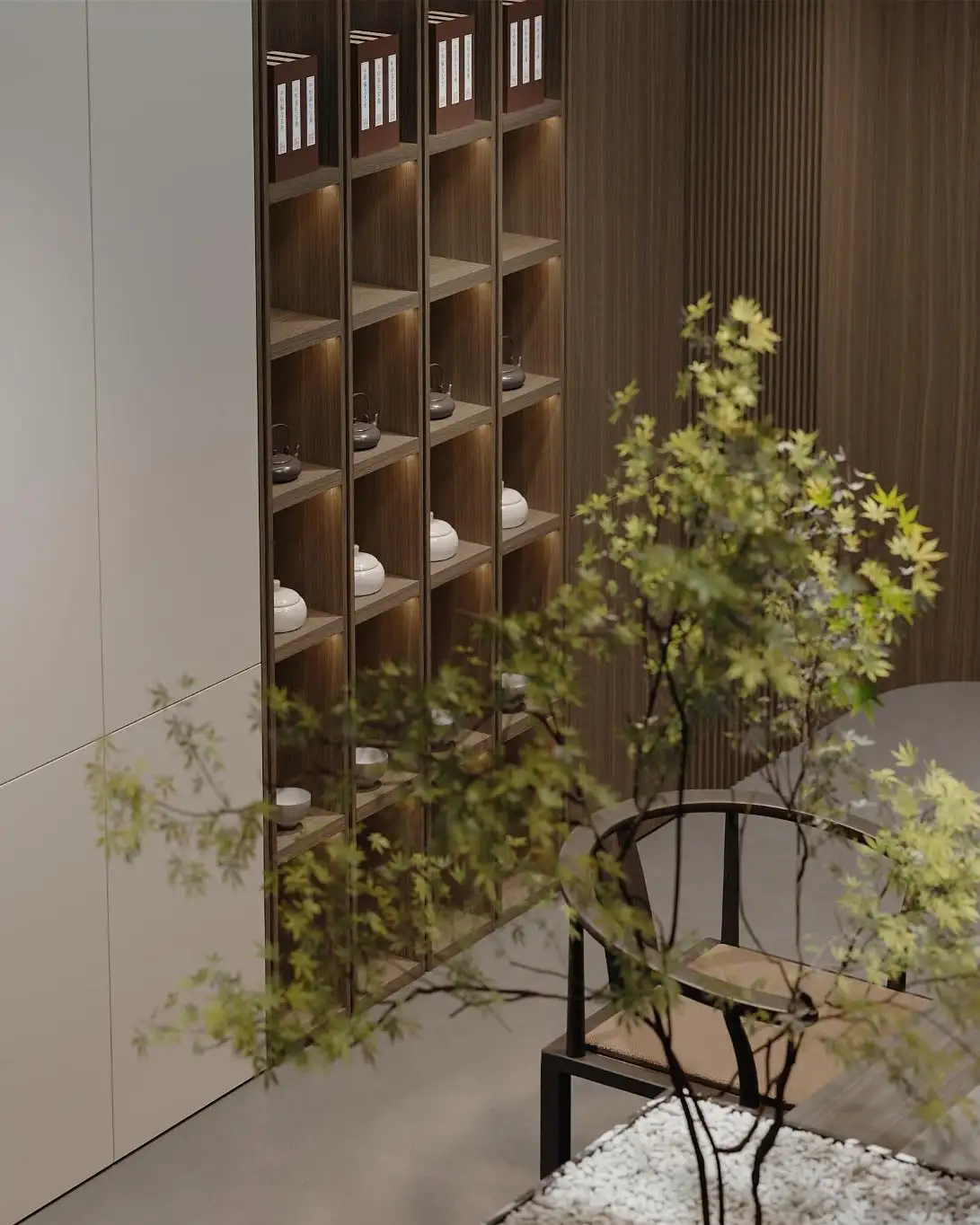 Bibliothèque, niches de bois et plante.